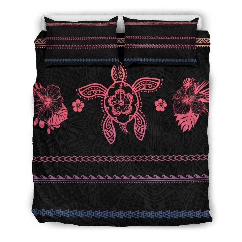 Hawaiian Turtle Hibiscus Black And Pink Bedding Set