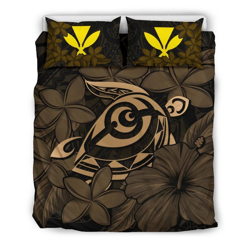 Hawaiian Turtle Hibiscus Plumeria Kanaka Polynesian Gold Bedding Set