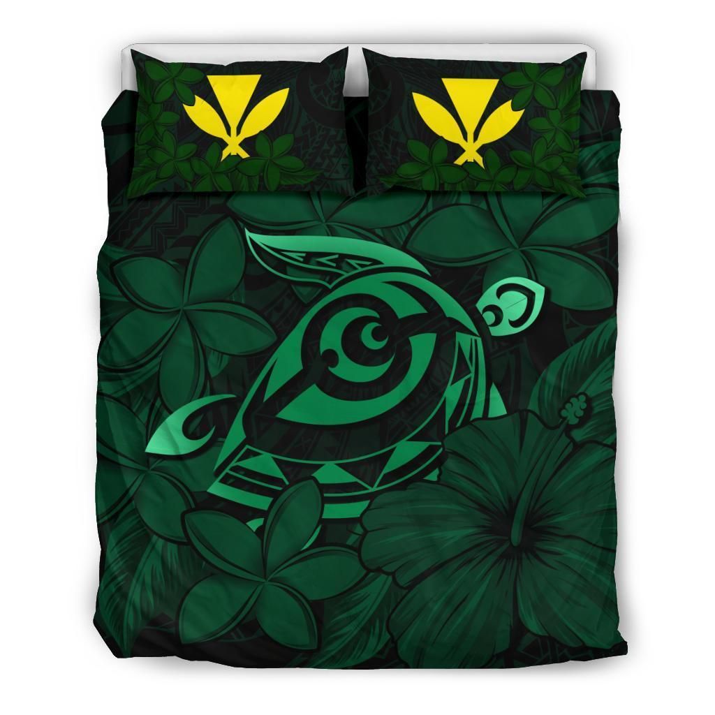 Hawaiian Turtle Hibiscus Plumeria Kanaka Polynesian Green Bedding Set