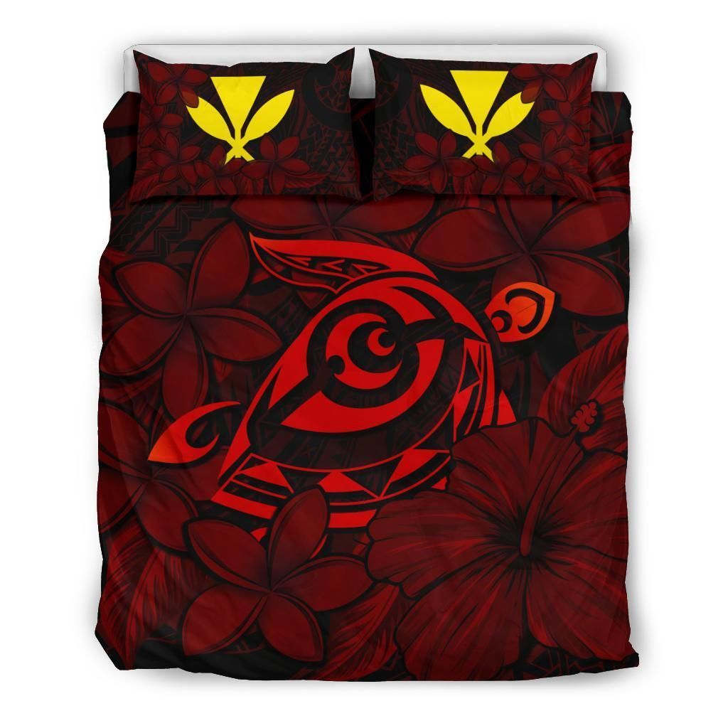 Hawaiian Turtle Hibiscus Plumeria Kanaka Polynesian Red Bedding Set