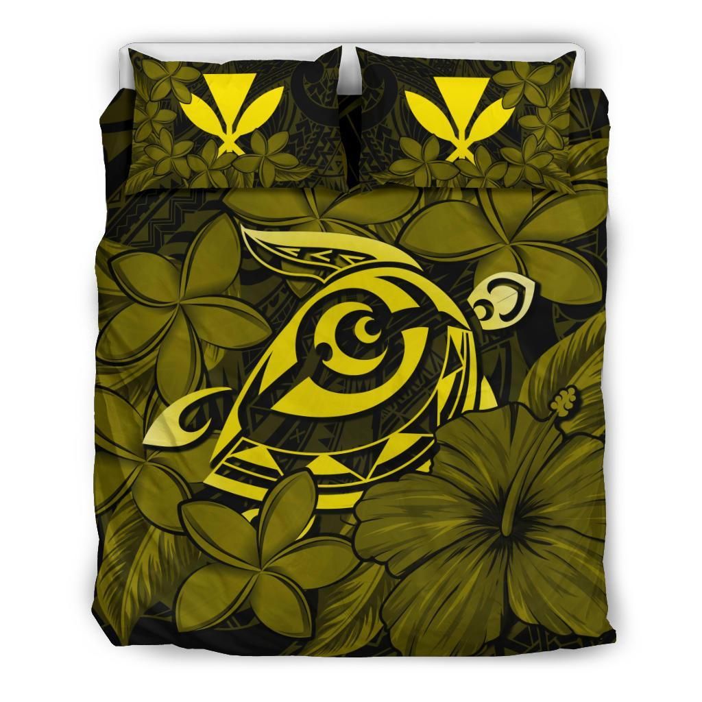 Hawaiian Turtle Hibiscus Plumeria Kanaka Polynesian Yellow Bedding Set