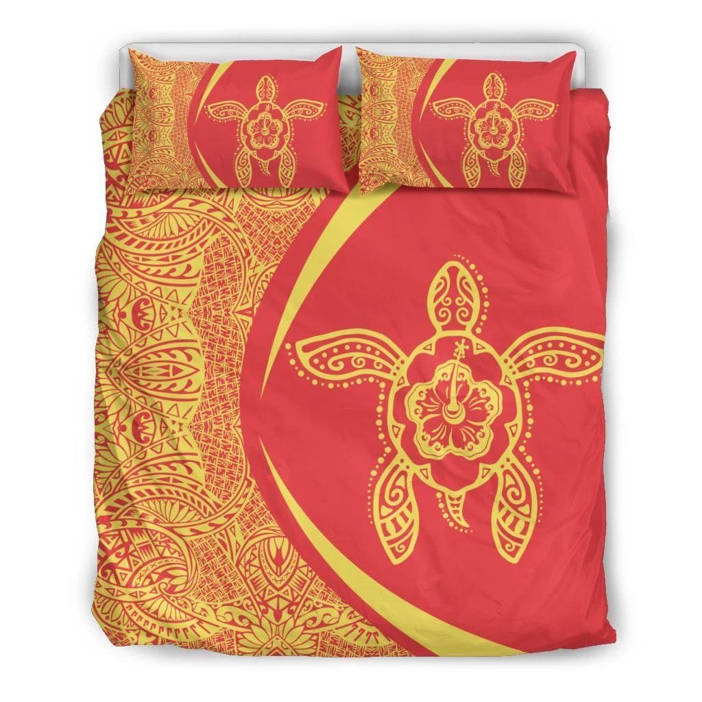 Hawaiian Turtle Hibiscus Polynesian Circle Style Yellow And Red Bedding Set