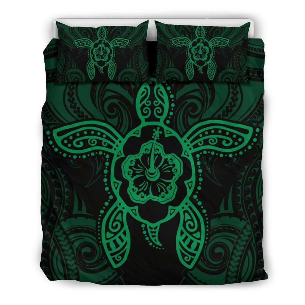 Hawaiian Turtle Hibiscus Polynesian Green Bedding Set