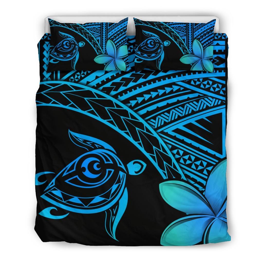Hawaiian Turtle Kakau Plumeria Polynesian Blue Bedding Set