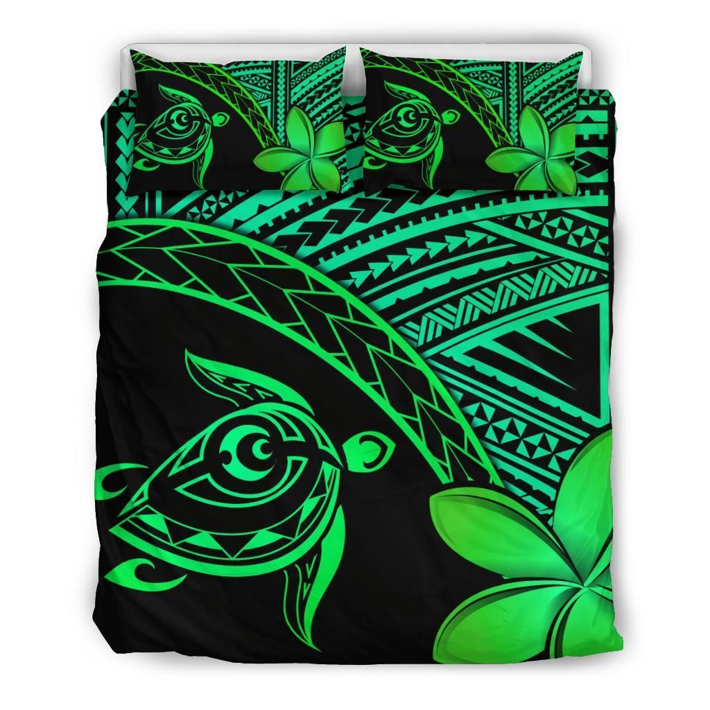 Hawaiian Turtle Kakau Plumeria Polynesian Green Bedding Set