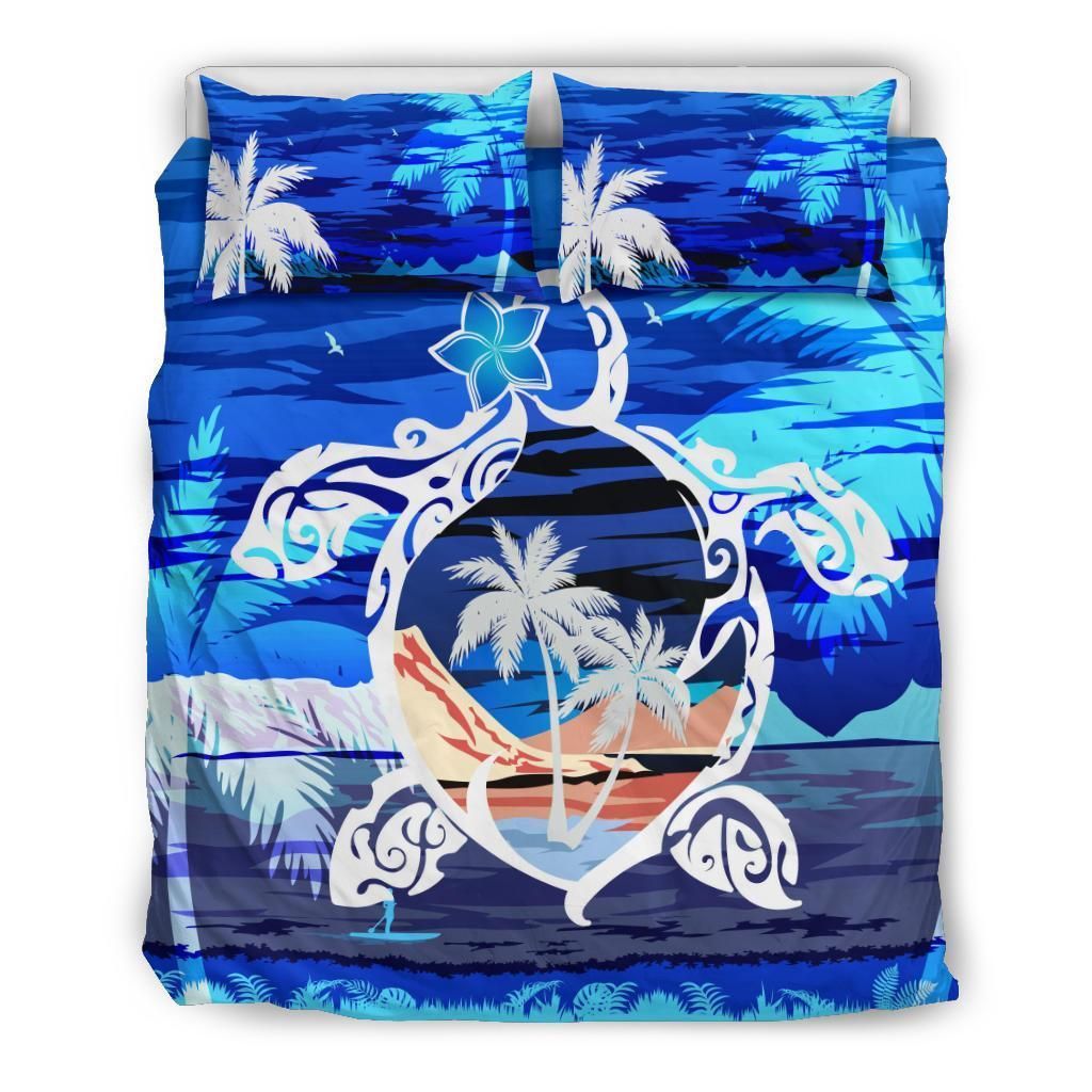 Hawaiian Turtle Plumeria Coconut Tree Polynesian Blue Bedding Set