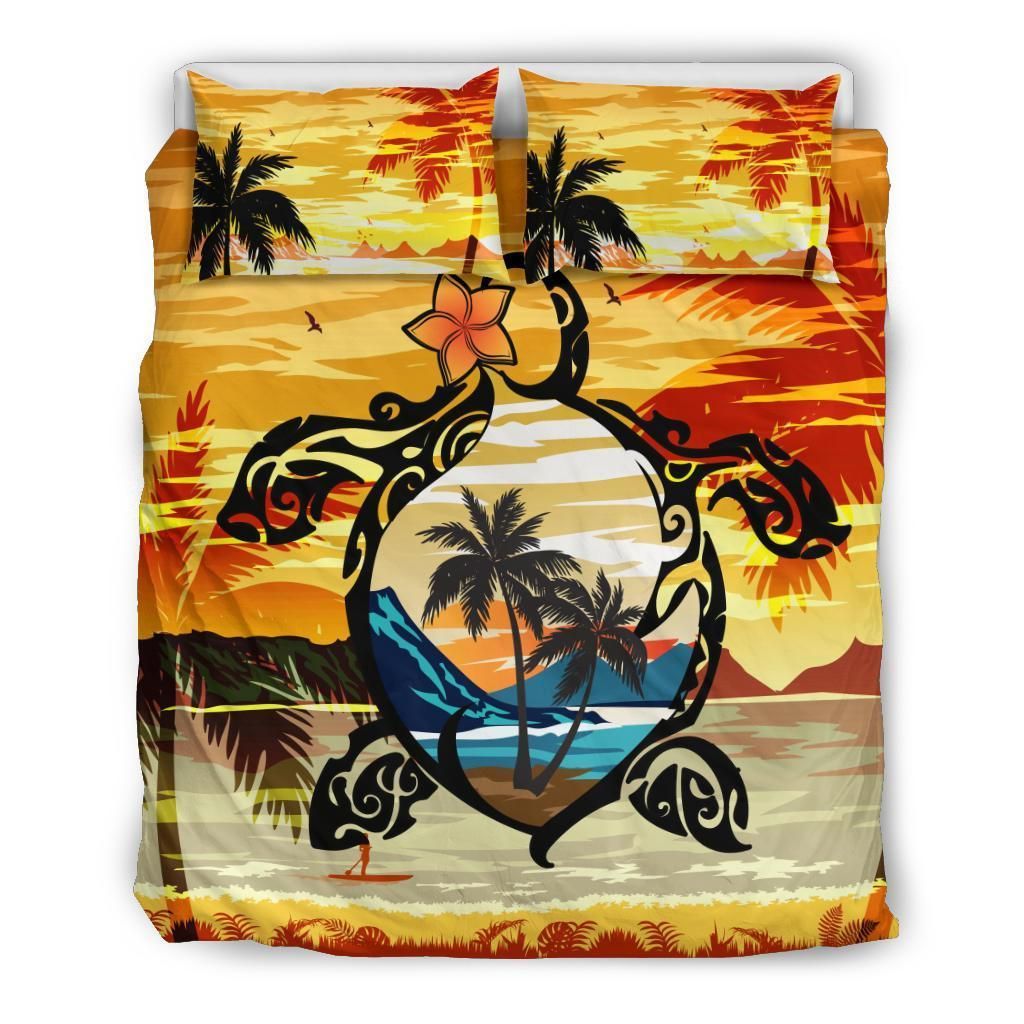 Hawaiian Turtle Plumeria Coconut Tree Polynesian Gold Bedding Set