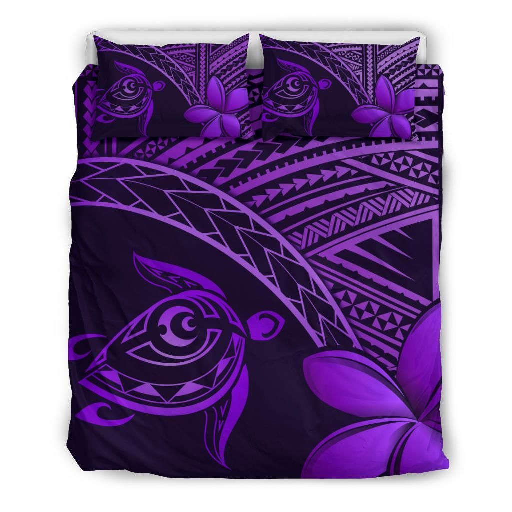 Hawaiian Turtle Plumeria Kakau Polynesian Quilt Neo Purple Bedding Set