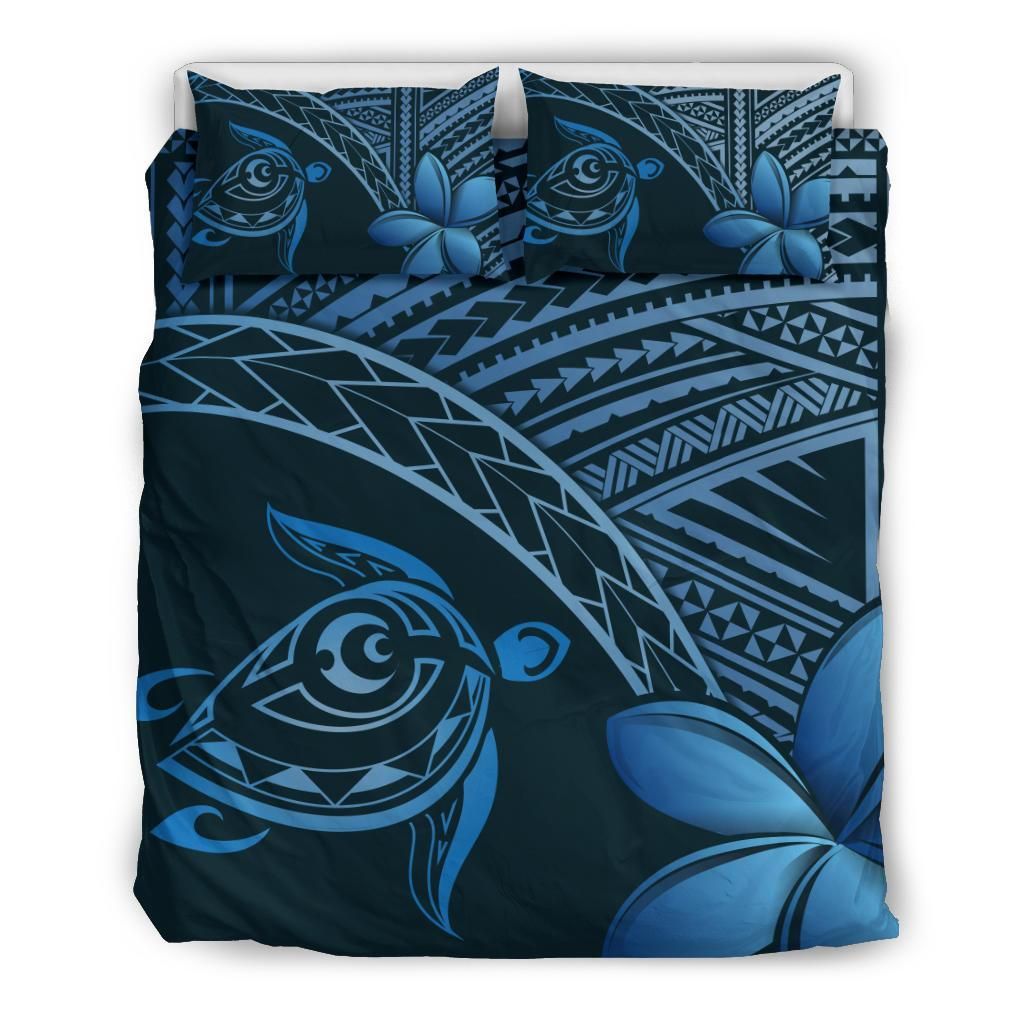 Hawaiian Turtle Plumeria Polynesian Neo Blue Bedding Set