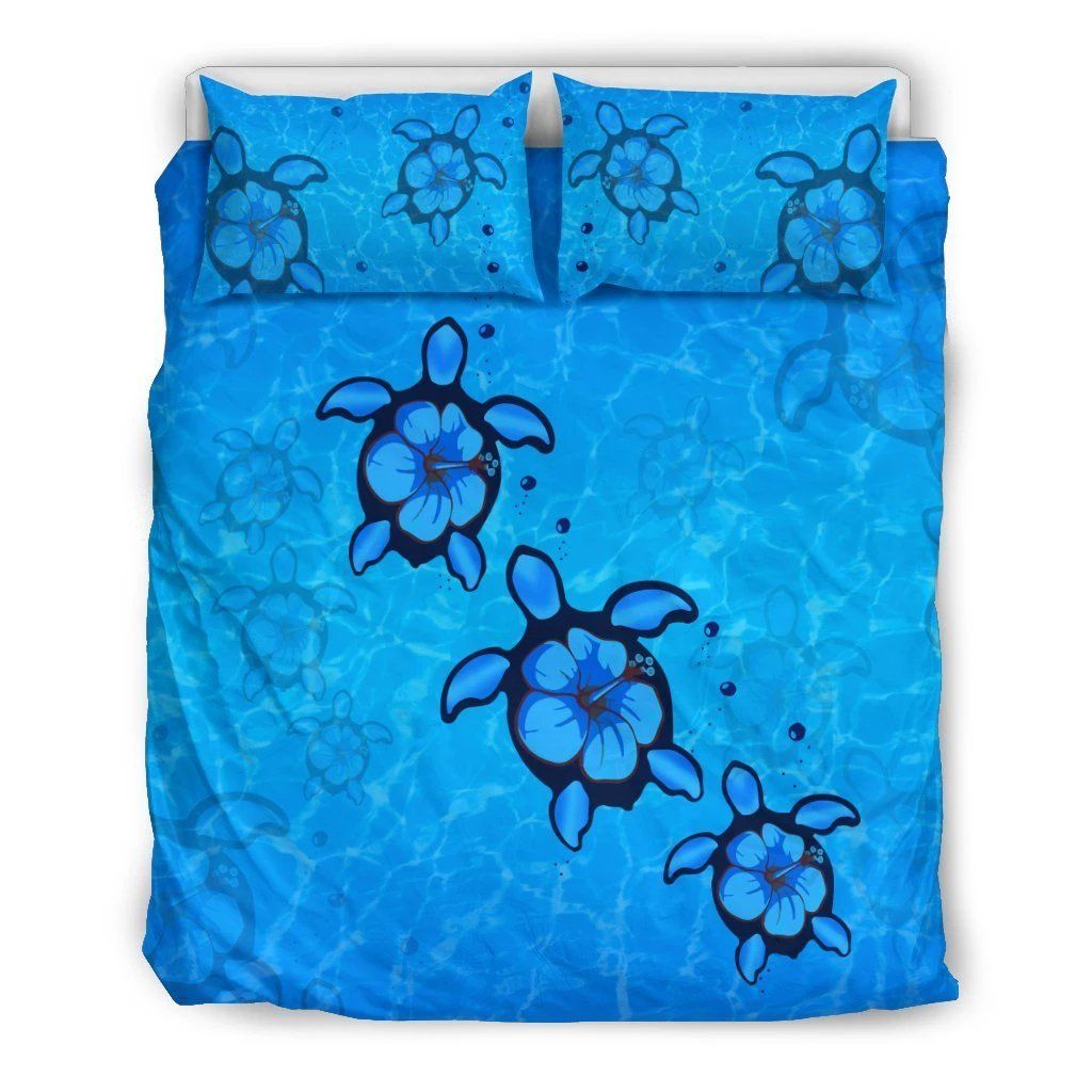 Hawaiian Turtle Swim In The Ocean With Hibiscus Polynesian Bedding Set
