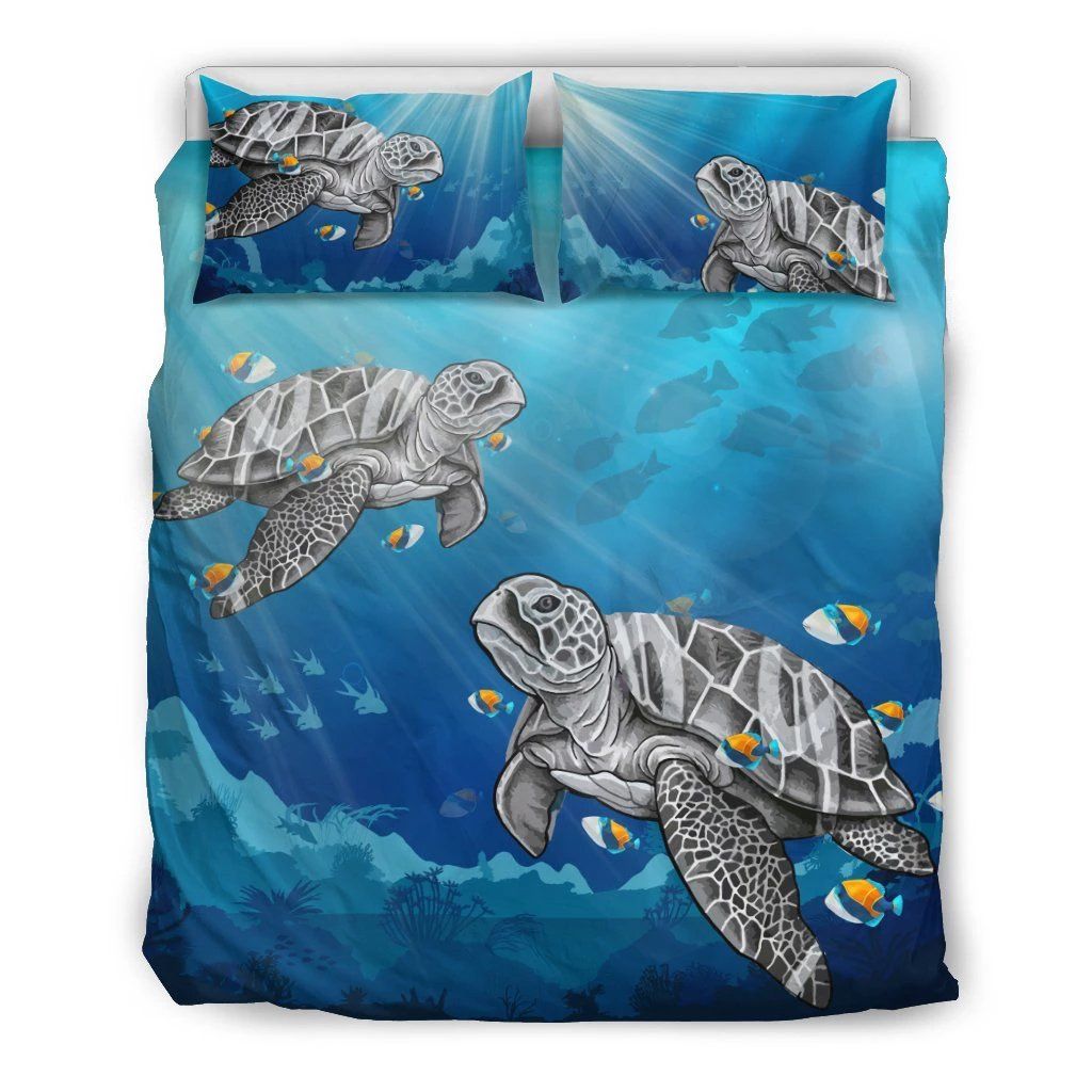 Hawaiian Turtle Swim With Fish In The Ocean Polynesian Bedding Set