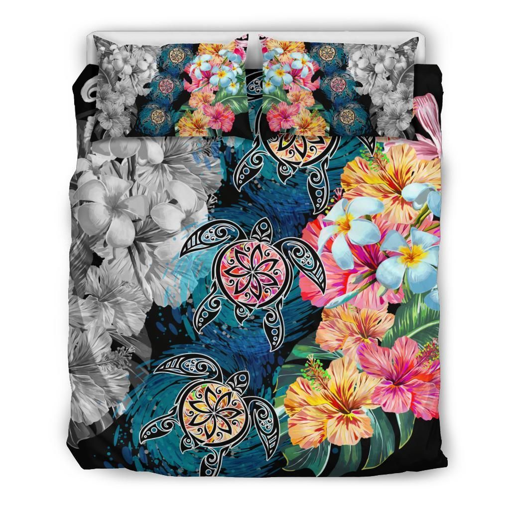 Hawaiian Turtle Swimming Wave Plumeria Hibiscus Polynesian Garden Style Bedding Set