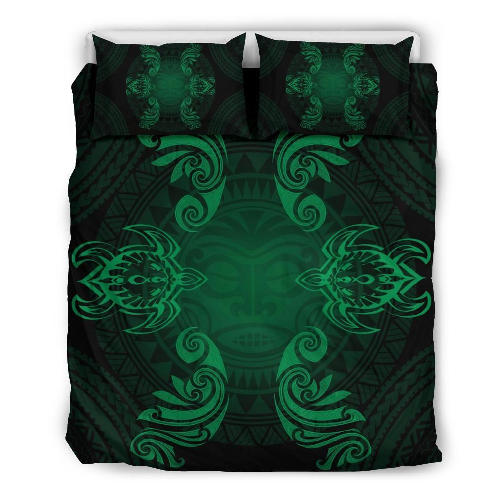 Hawaiian Turtles Tribal Mask Polynesian Green Bedding Set