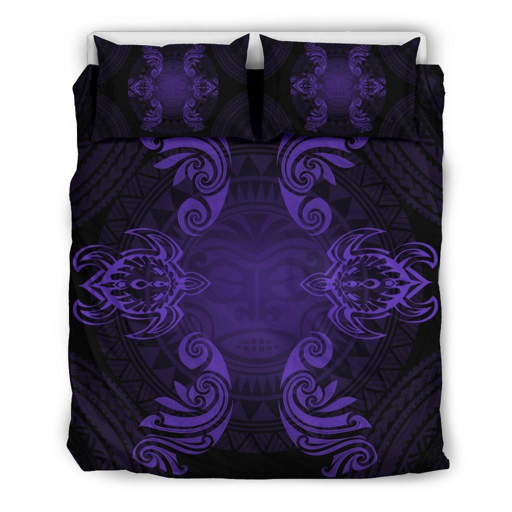 Hawaiian Turtles Tribal Mask Polynesian Purple Bedding Set