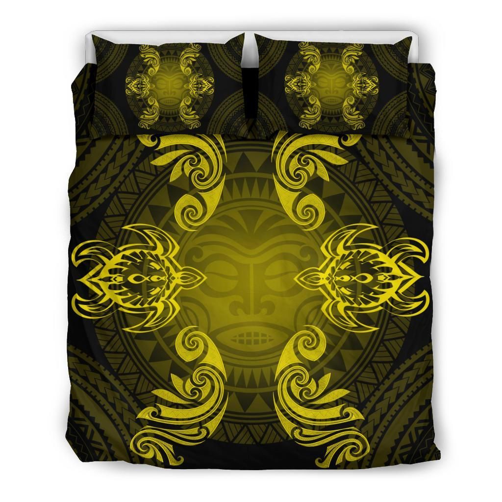Hawaiian Turtles Tribal Mask Polynesian Yellow Bedding Set