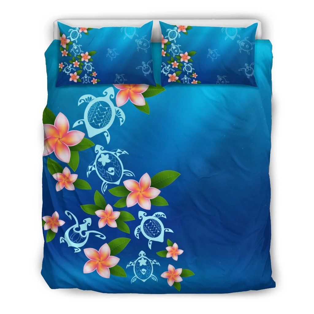 Hawaiian Tuttle And Plumeria Flower In The Sea Polynesian Bedding Set