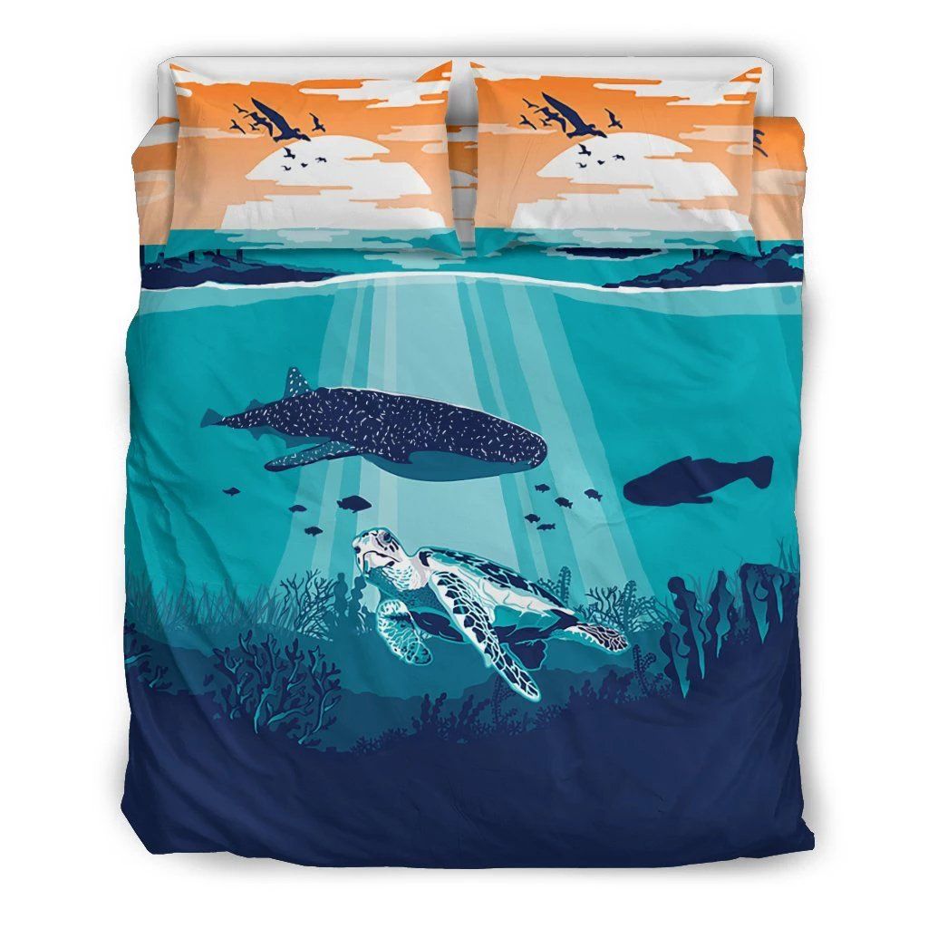 Hawaiian Whale And Turtle In Sunset Polynesian Bedding Set