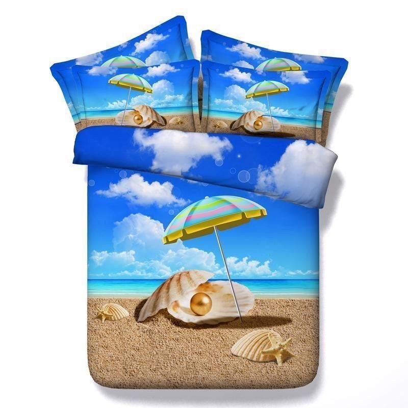Hd Print Pearl Shells Blue  Bedding Set