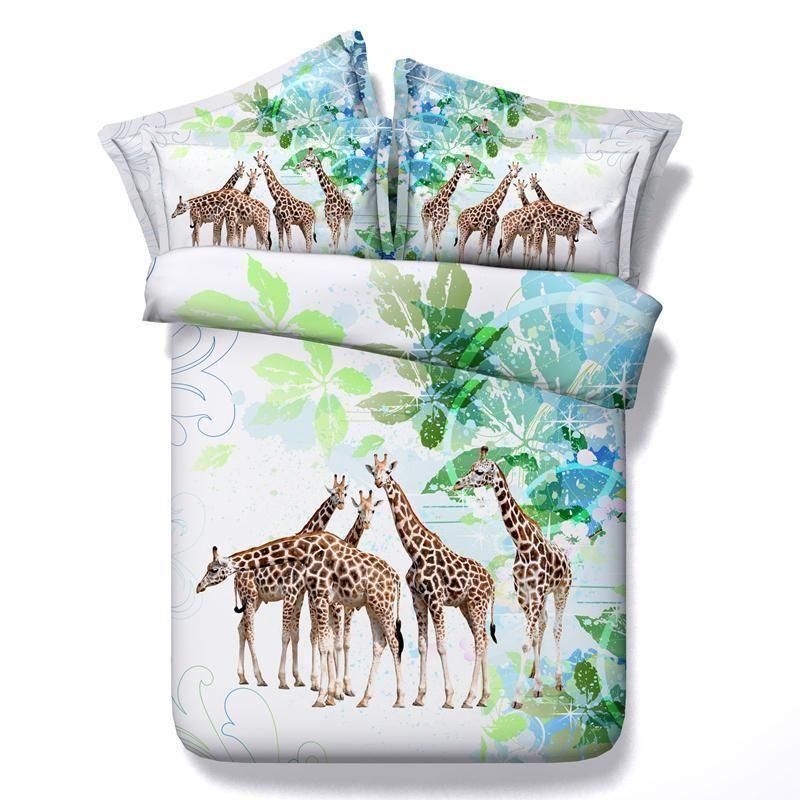 Hd Printed Giraffes Animal White Bedding Set