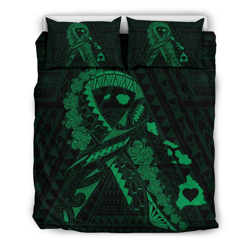 Heart Ribbon Cancer Hibiscus Polynesian Green Bedding Set