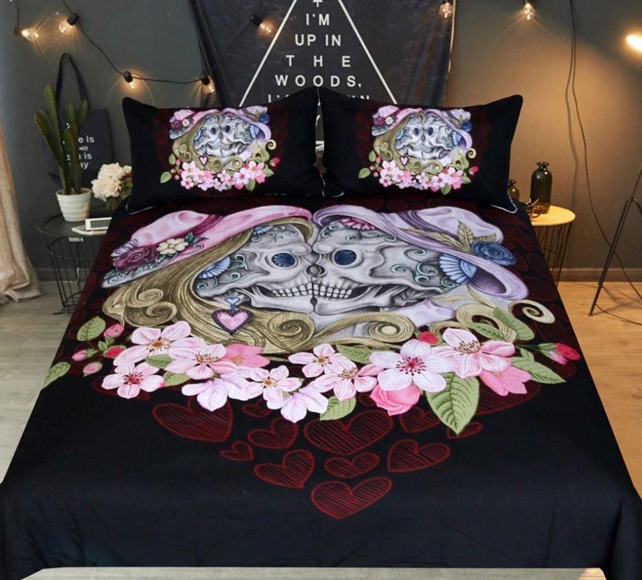 Heart Shaped Skull Flowers Bedding Set