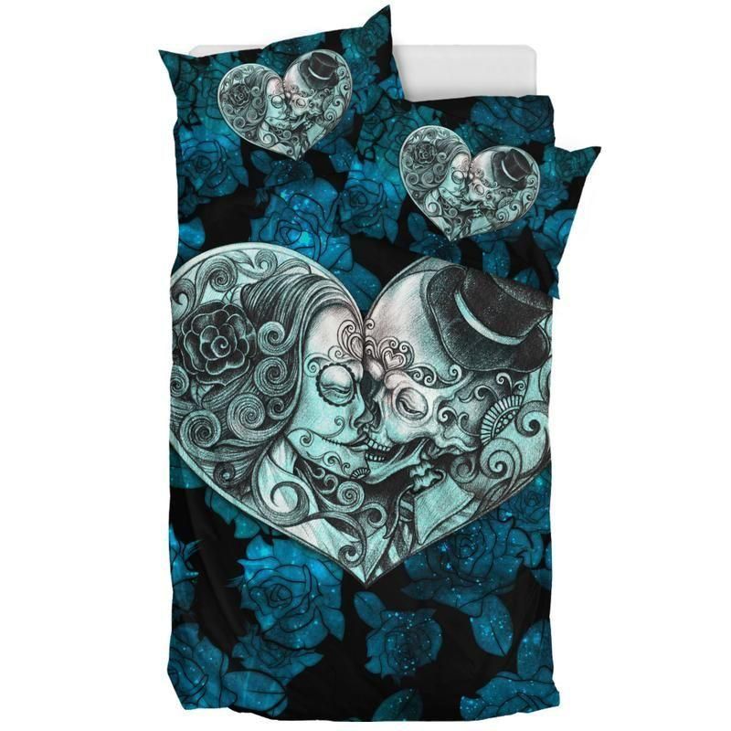 Heart Shaped Sugar Skull Blue And Black Bedding Set