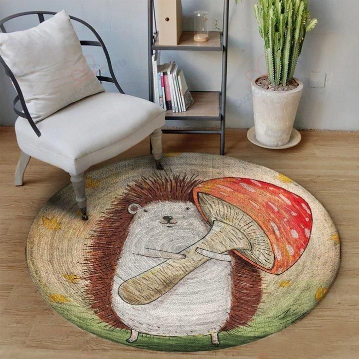 Hedgehog Holding Mushroom Round Carpet