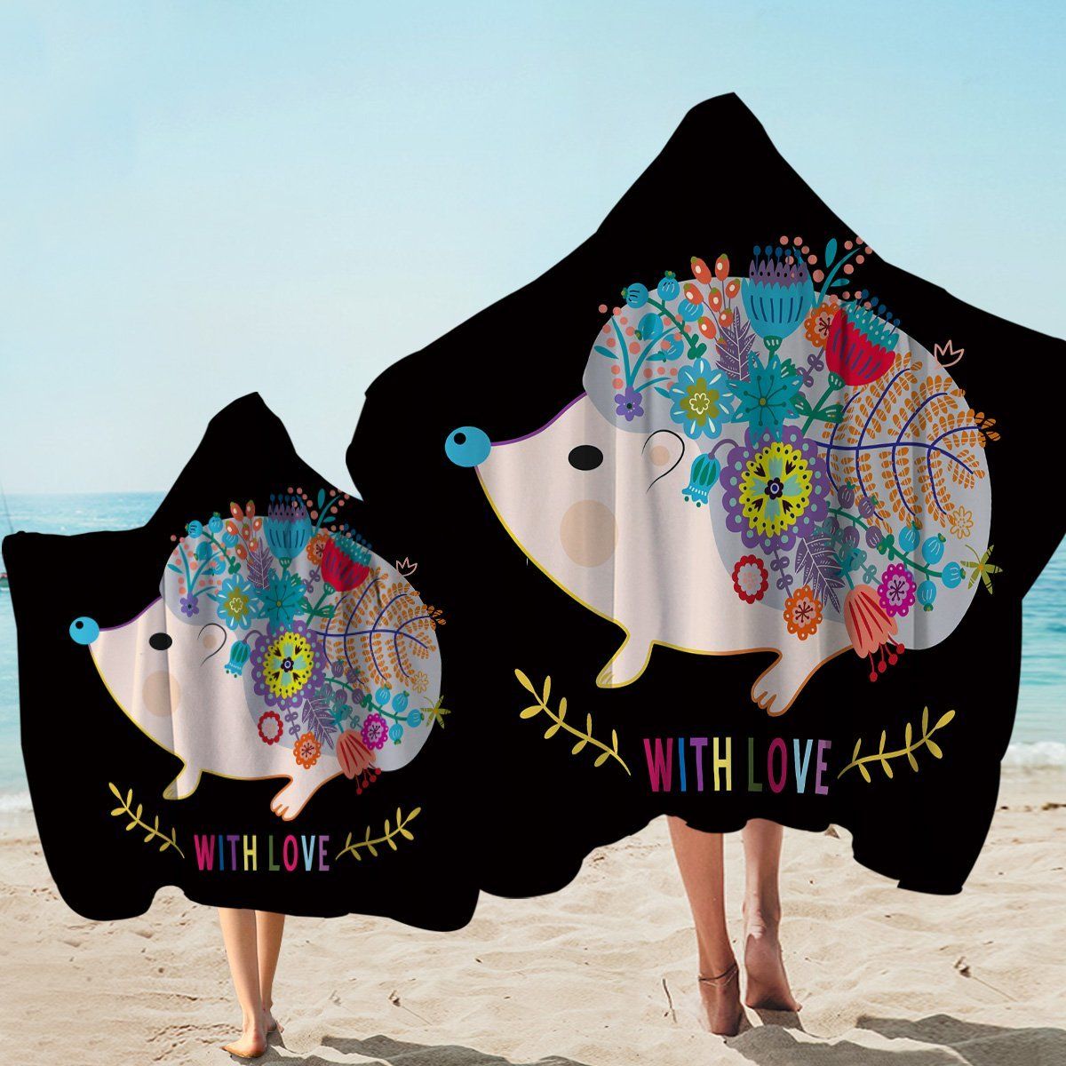 Hedgehog With Love On Black Printed Hooded Towel