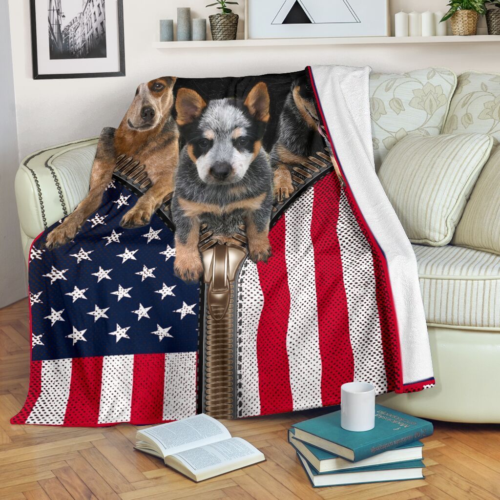 Heeler American Flag Zipper Gift For Dog Lovers Fleece Blanket Fleece Blanket