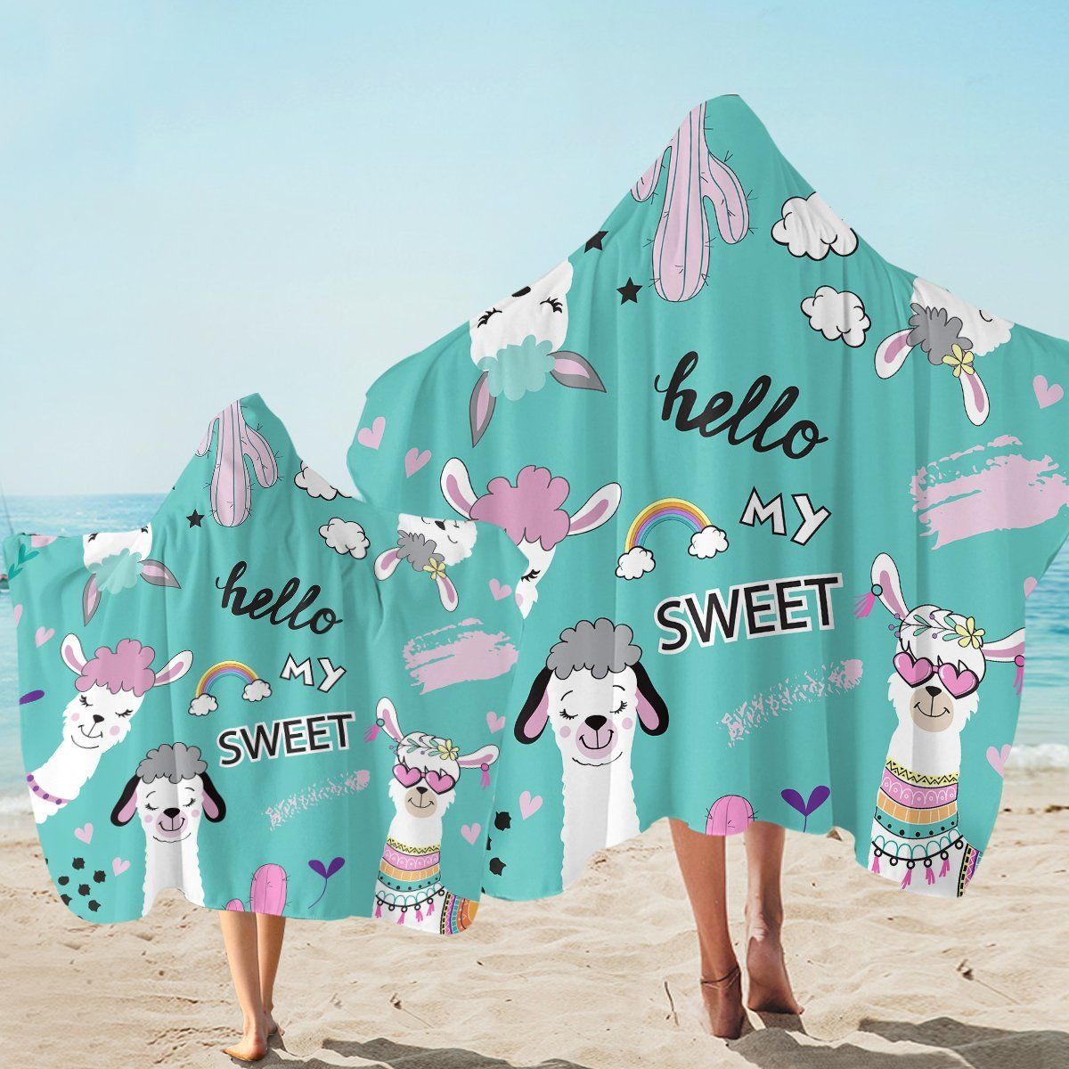 Hello My Sweet Llama Teal Printed Hooded Towel