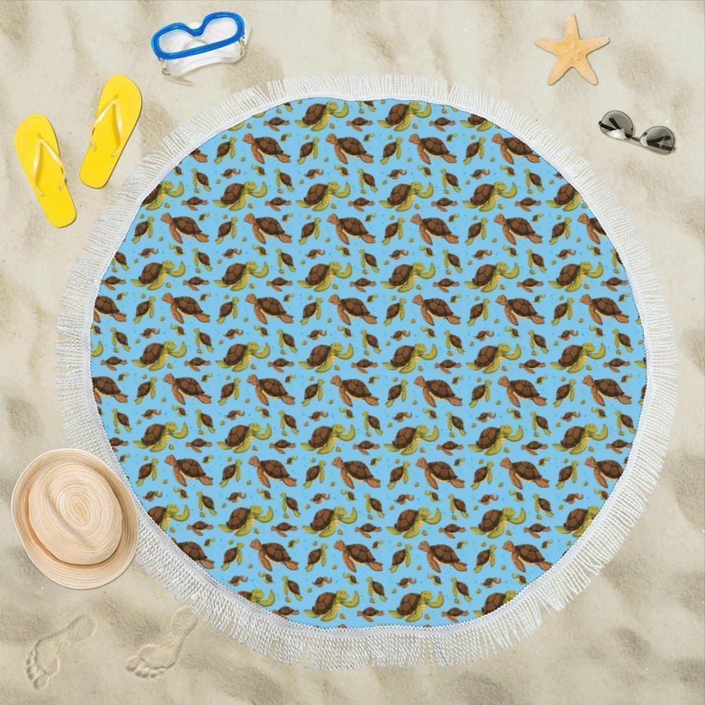 Hello Sea Turtle Pattern Pastel Blue Printed Round Beach Towel