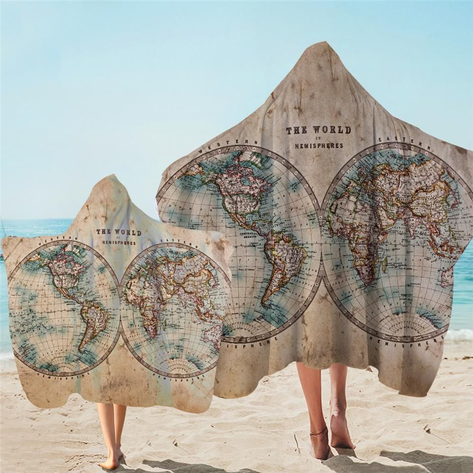 Hemisphere Old Map Printed Hooded Towel