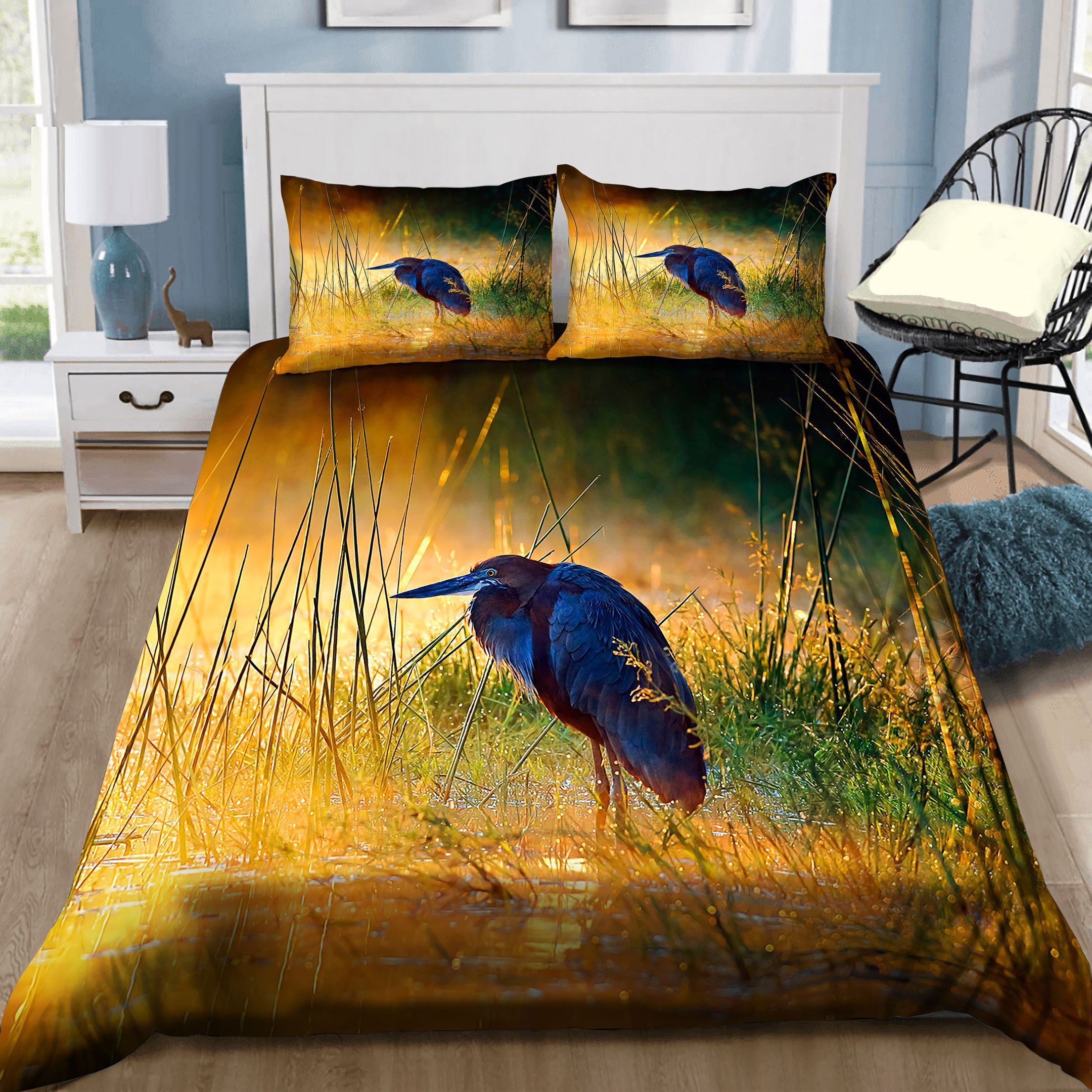 Heron With Sunrise In Field Bedding Set