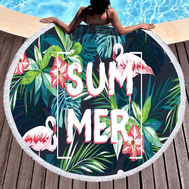 Hi Summer Famingo Patterns Printed Round Beach Towel