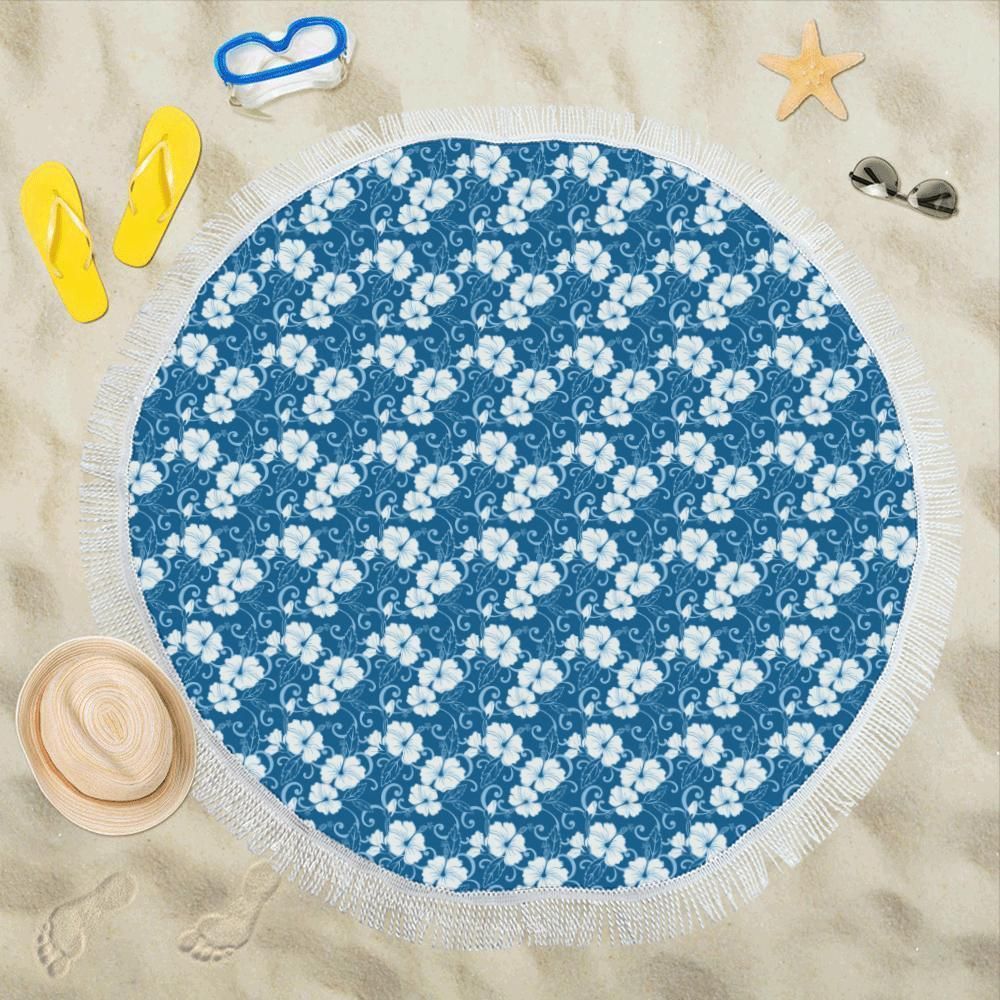 Hibiscus Blue Flower Hawaiian Print Round Beach Towel