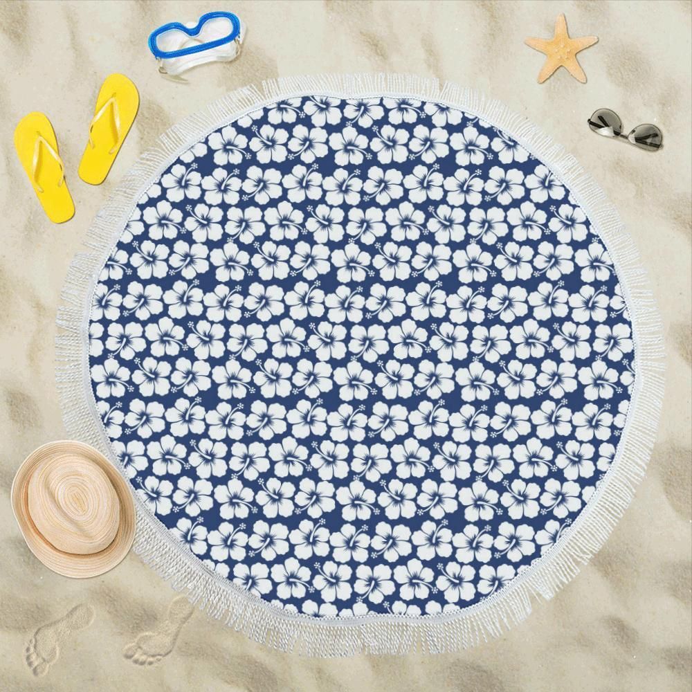 Hibiscus Blue Hawaiian Flower Pattern Printed Round Beach Towel