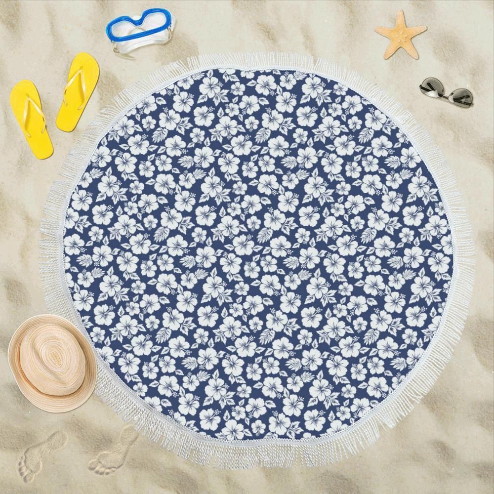 Hibiscus Blue Hawaiian Flower Style Printed Round Beach Towel