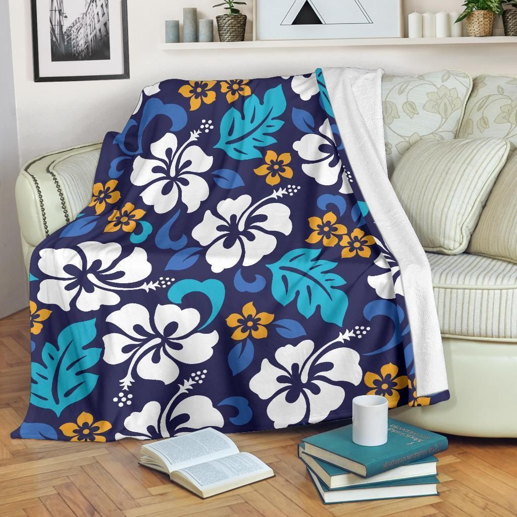 Hibiscus Pattern Print Design Dark Blue Fleece Blanket