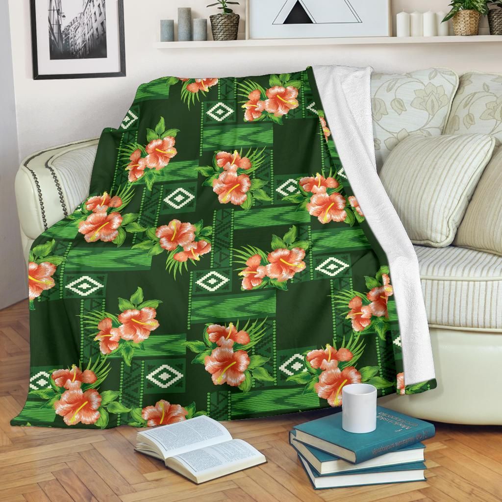 Hibiscus Pattern Print Design Green Fleece Blanket