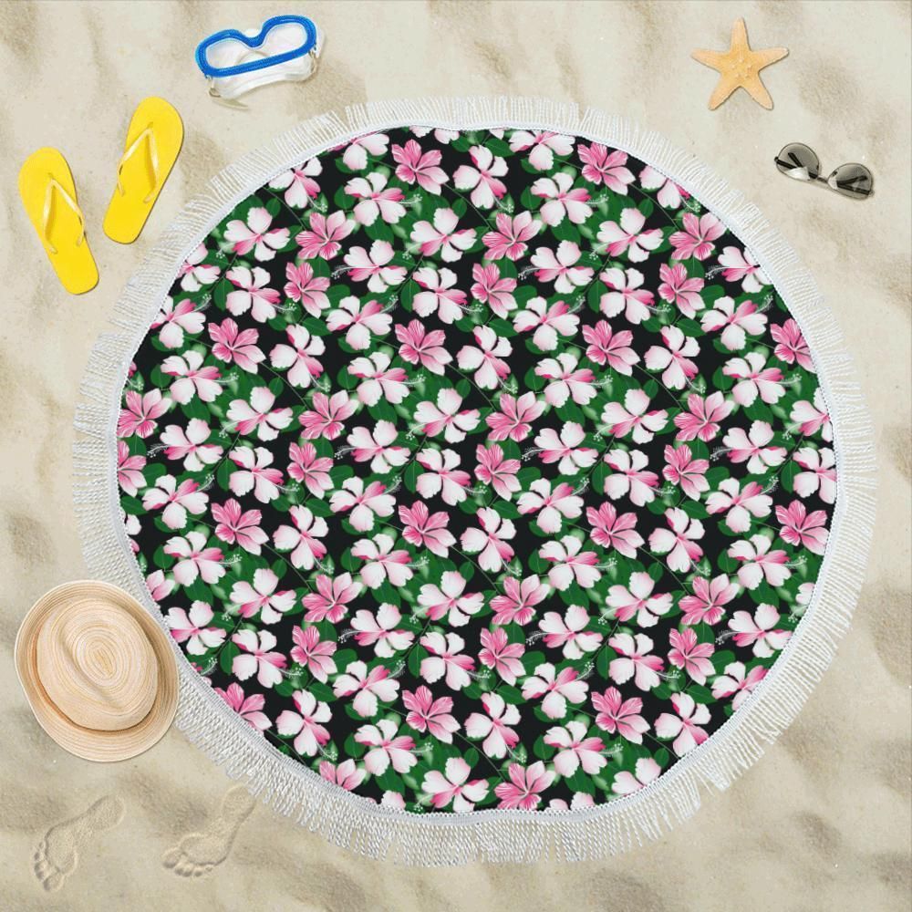 Hibiscus Pink Flower Hawaiian Printed Round Beach Towel