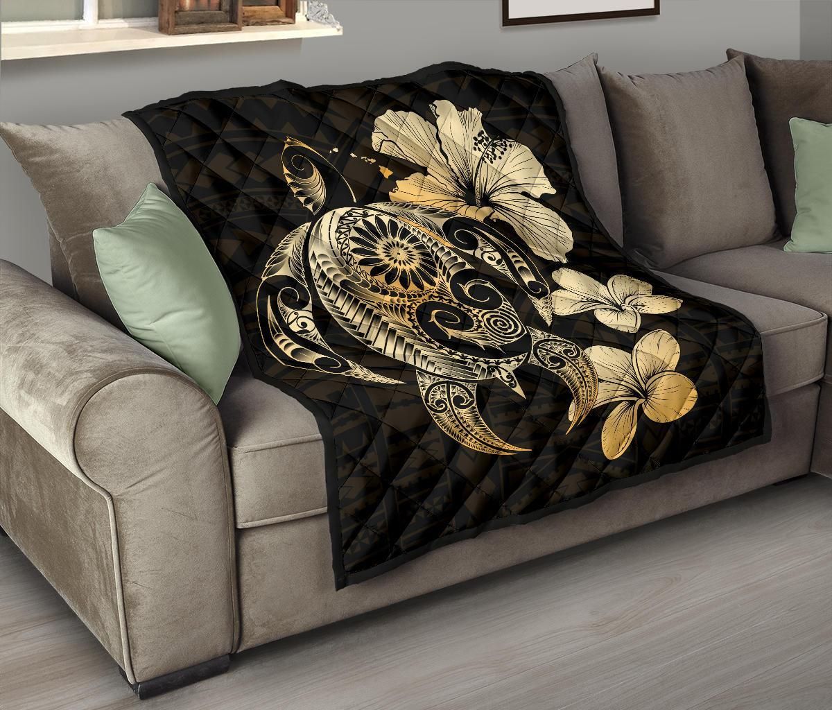 Hibiscus Plumeria Mix Polynesian Gold Turtle Premium Quilt J1 DHC221110061DD