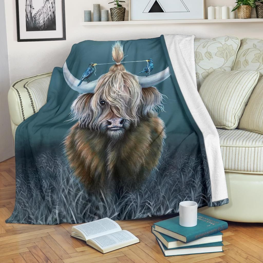 Highland Cow And Bird Sherpa Fleece Blanket