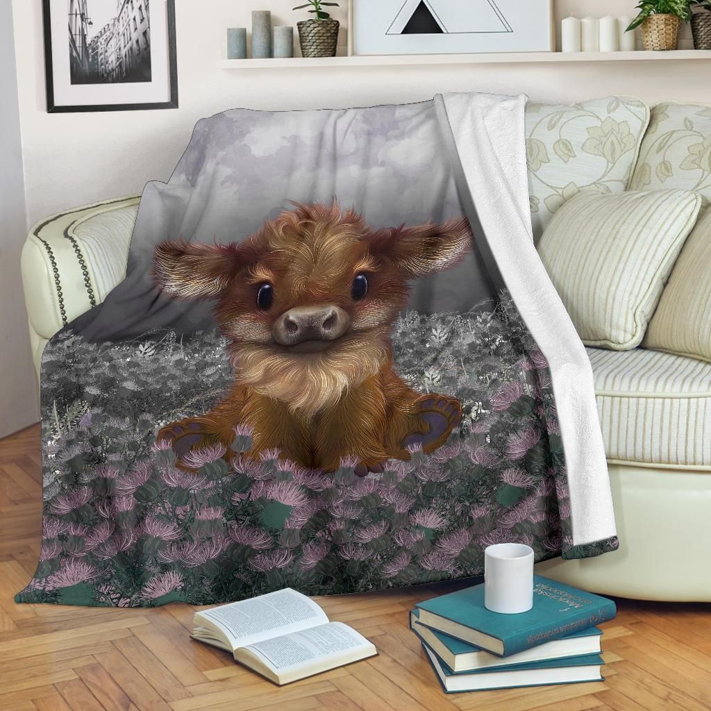 Highland Cow Calf Thistle Sherpa Fleece Blanket