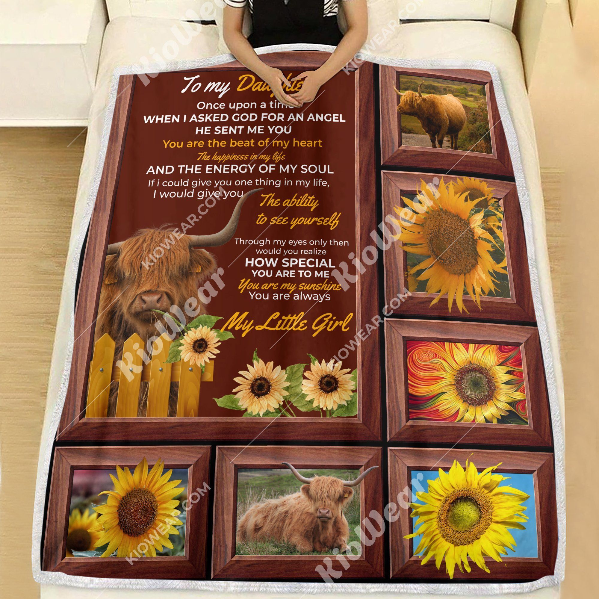 Highland Cow Sunflower To My Daughter Sherpa Fleece Blanket