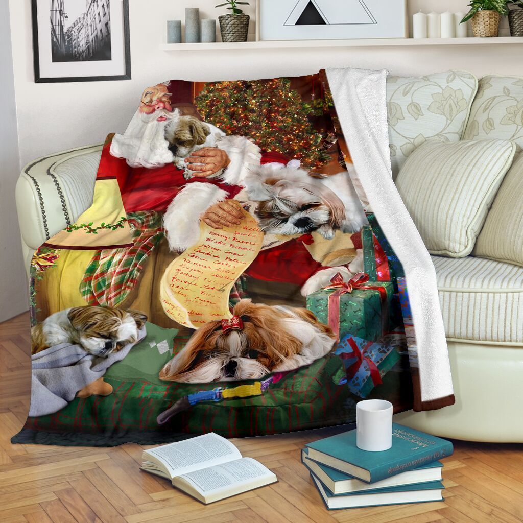 Hih Tzu Dog Sleep With Santa Claus Sherpa Fleece Blanket