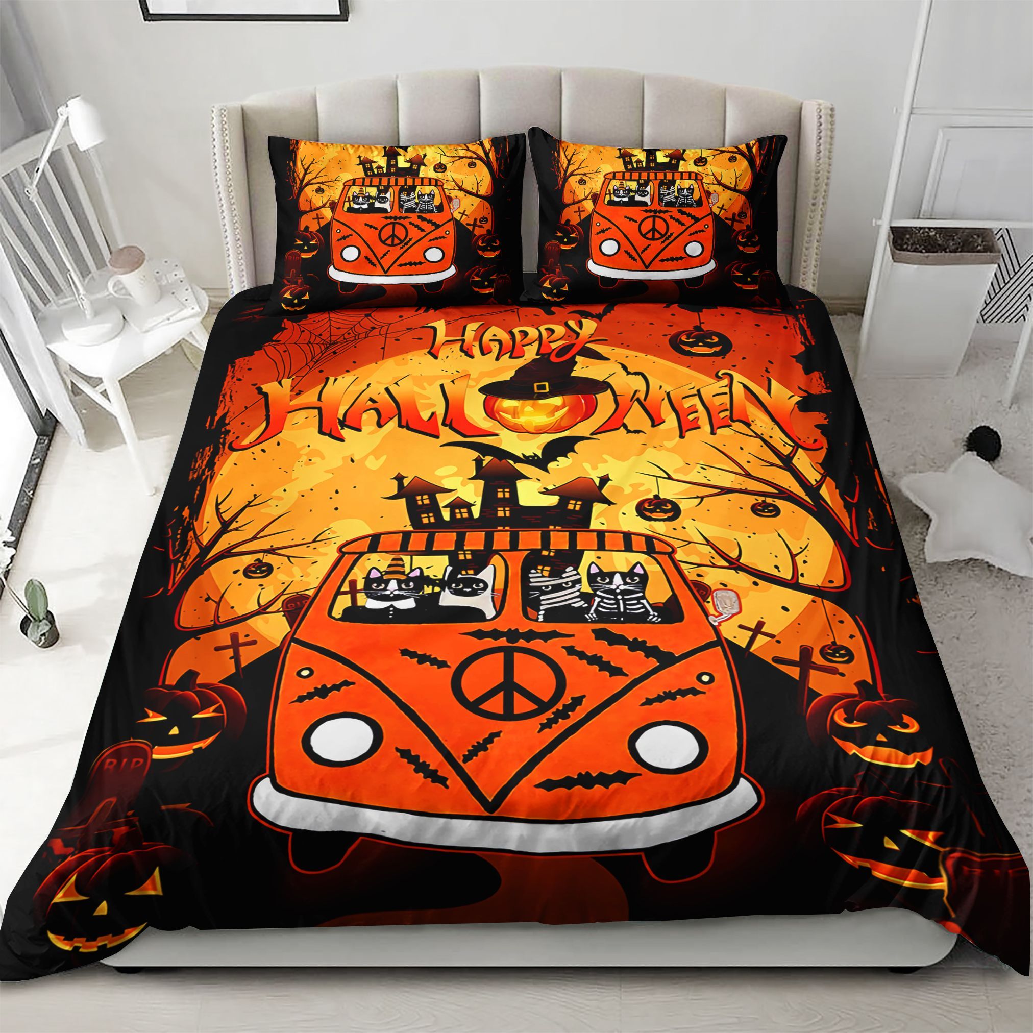 Hippie Bus Halloween Cat Bedding Set