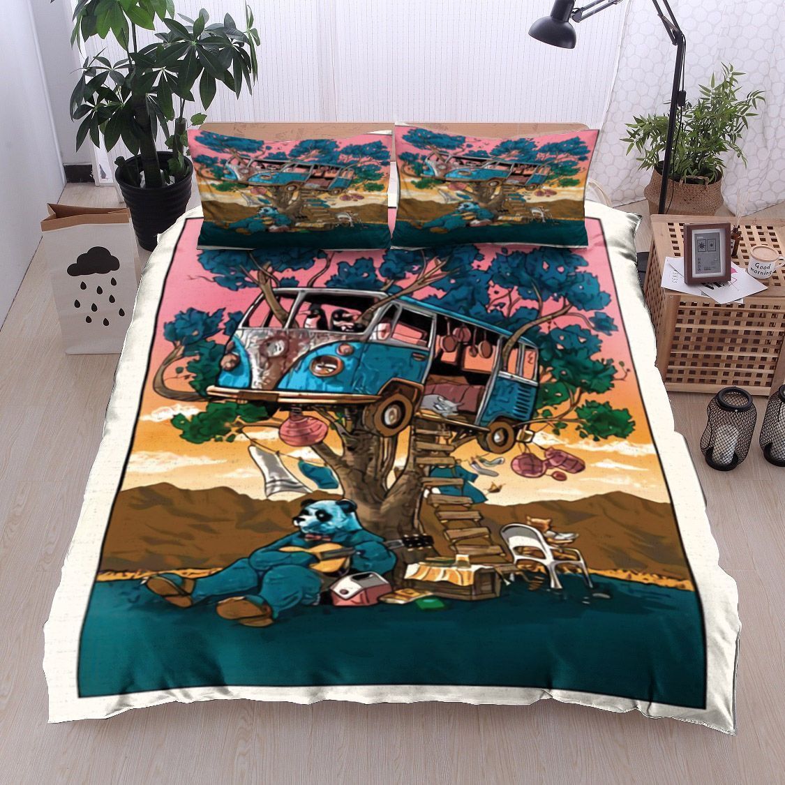 Hippie Bus Panda Guitar Music Cat Tree Bedding Set