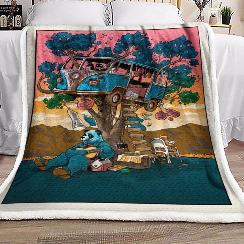 Hippie Bus Panda Guitar Music Cat Tree Sherpa Fleece Blanket