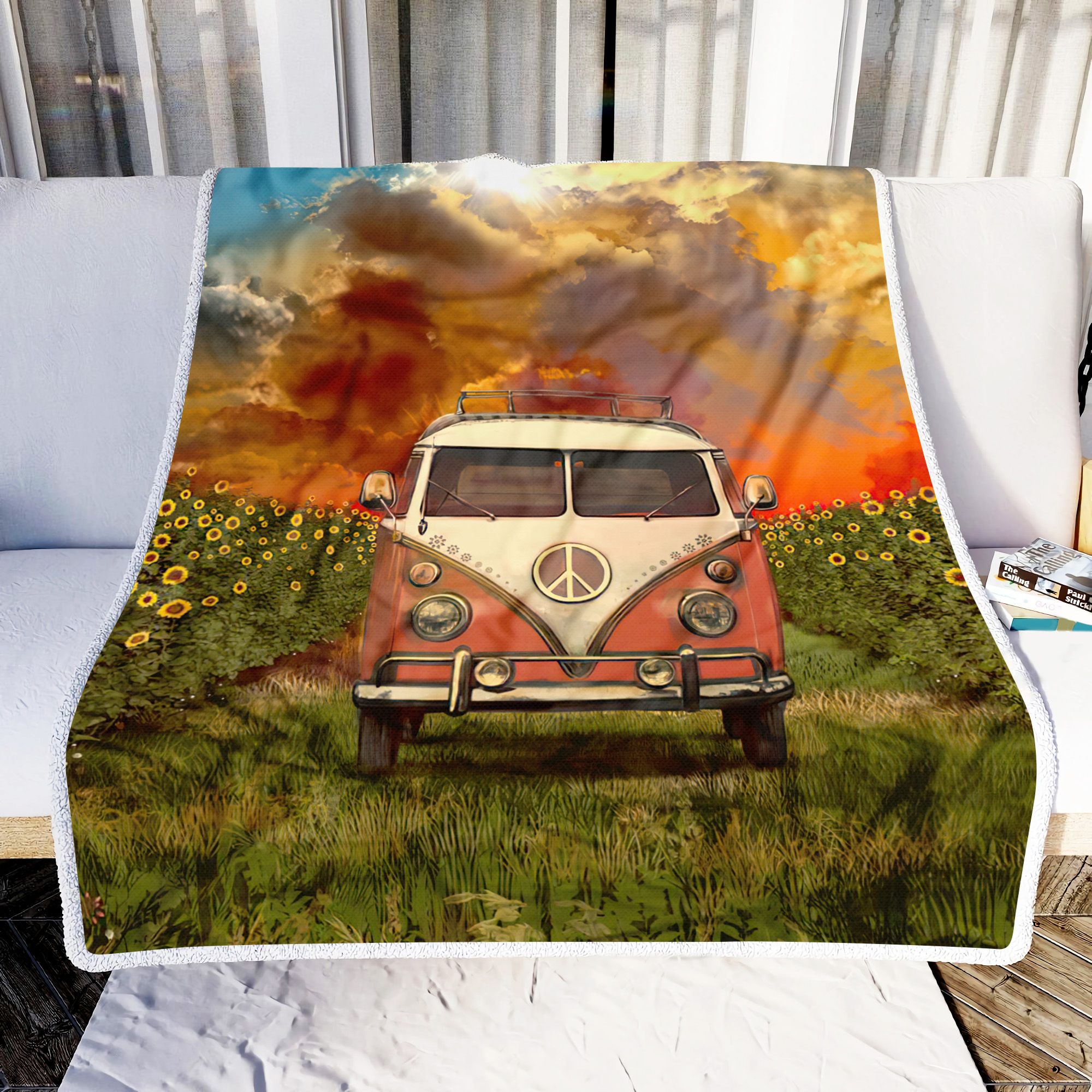 Hippie Car And Sunflower Fleece Blanket