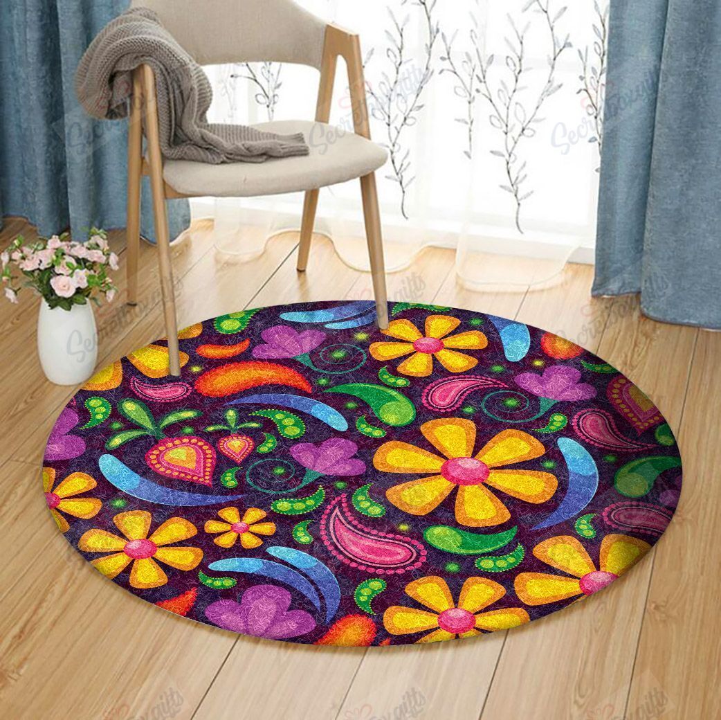 Hippie Colorful Floral Round Carpet
